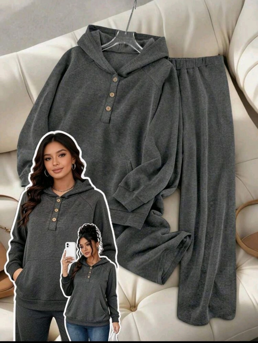 Plus Size Cozy Dark Charcoal Hooded Set